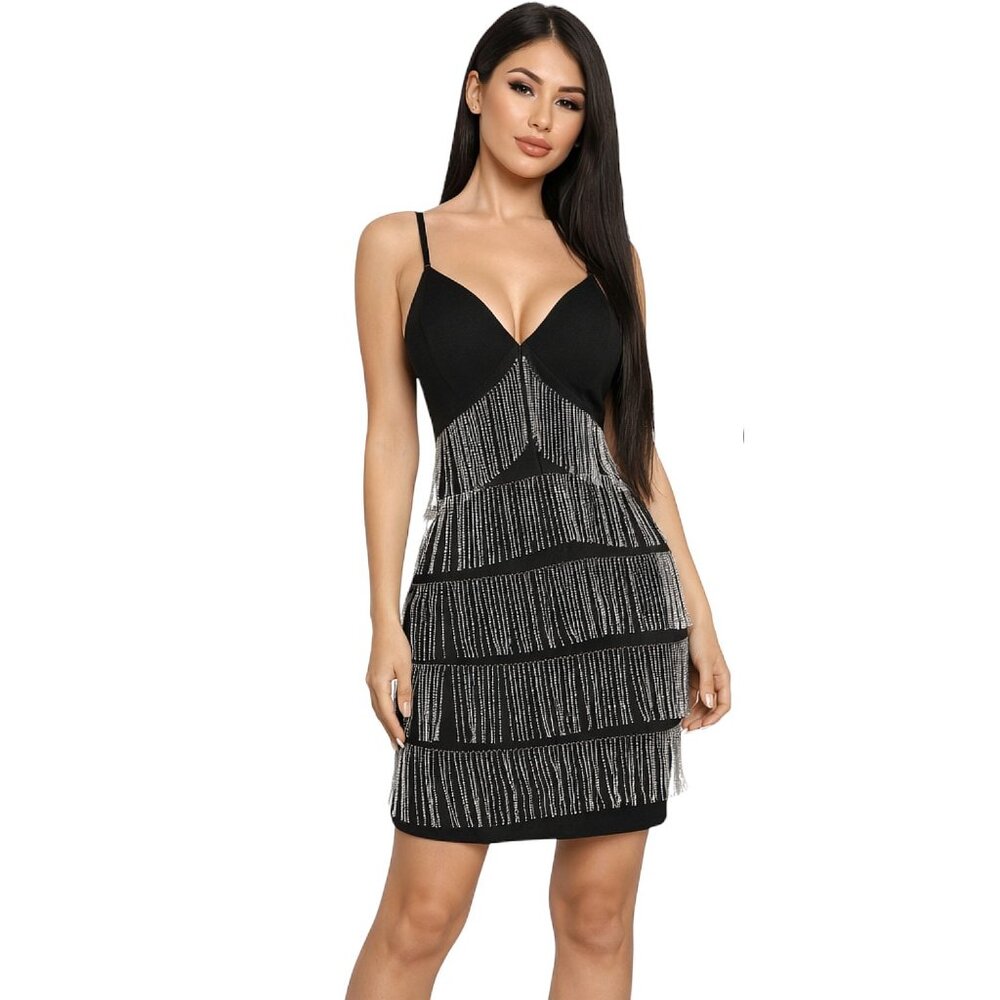 Women's Glamour Spaghetti Strap Layered Crystal Fringe Bodycon Bandage Dress